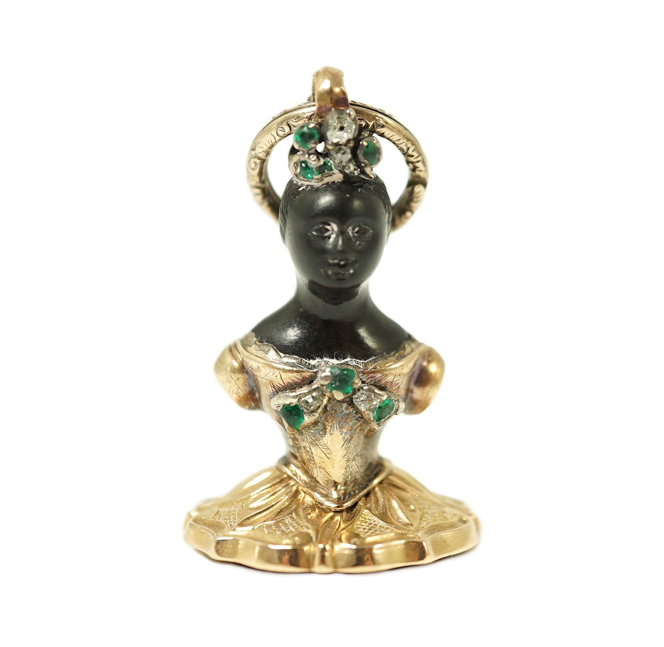 A 19th century gold overlaid, emerald and diamond set double sided Blackamoor seal pendant